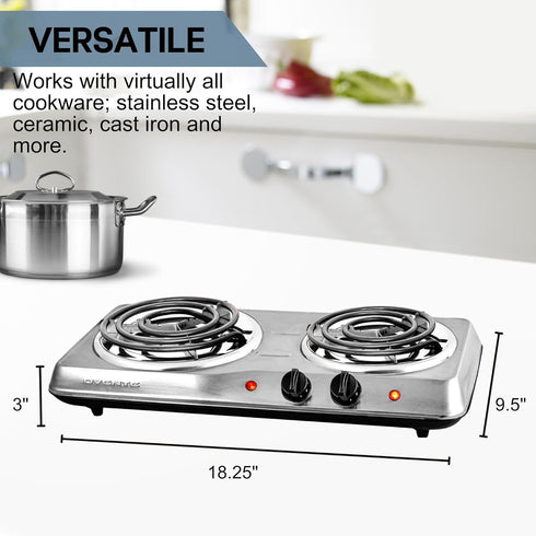 OVENTE Electric Countertop Double Burner, 1700W Cooktop with Stainless Steel Coil Hot Plates, Silver