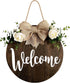 MayAvenue Welcome Wreaths Decor Sign, Round Wood Hanging Sign with Ribbon Bow and Green Leaves for Front Door