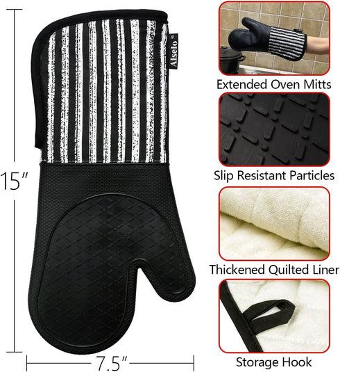 Silicone Oven Mitts - Heat Resistant 932?, Set of 2 Extra Long Kitchen Mittens with Soft Cotton Terry Lining