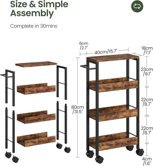 4-Tier 7.1'' TTC02BF CHOEZON Slim Storage Cart, Kitchen Serving Trolley, Slim Rolling Cart with Handle and Guard Rails