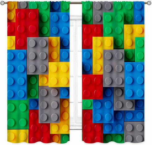 Building Blocks Blackout Curtains, 2 Panel, Colorful Geometric Brick Constructor Toy Curtains for Bedroom Playroom