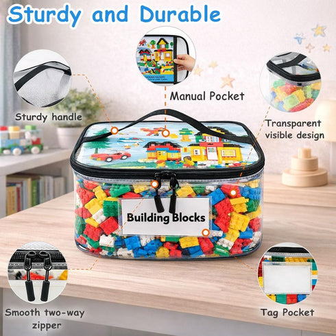 Blissleaf 6 Pack Extra Large Clear Toy Storage Bag with Name Tag,Waterproof PVC Toy Organizer Bags with Zipper & Manual