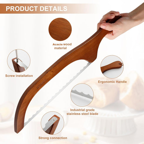 Bread Knife for Homemade Bread, 15.7" Serrated Knife for Sourdough, Baguettes, and More, Acacia