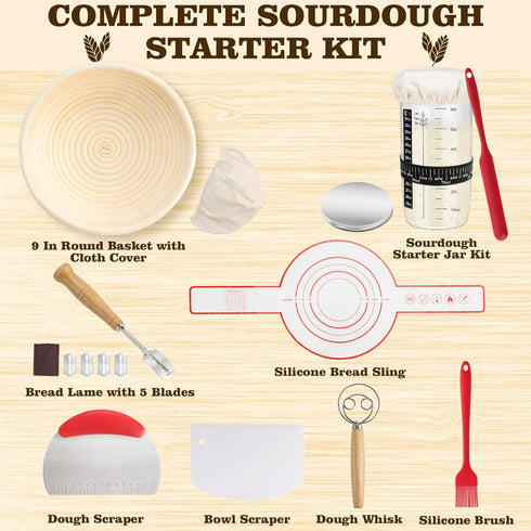 9 Inch 24 Oz Complete Sourdough Starter Kit, Bread Proofing Basket, Sourdough Starter Jar Kit, Sourdough Bread Baking
