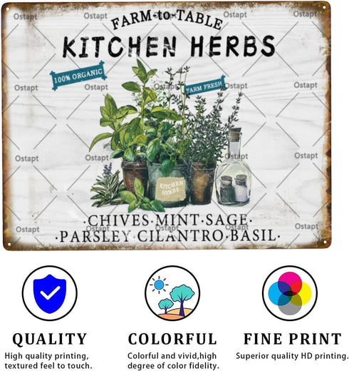 Kitchen Herbs Farm To Table Farm Fresh 100% Organic Vintage Metal Tin Sign Funny Garden Poster For Home Living Room Bedroom Garage Bathroom Office Cafe Outdoor Metal Plaque 8x12 Inch