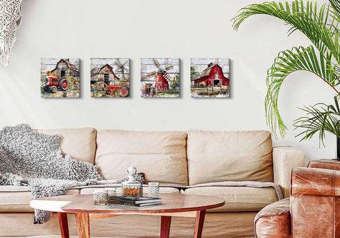 Rustic Farmhouse Wall Art - Red Barn Pictures for Country Kitchen Decor, 12x12" Canvas Prints, 4Pcs