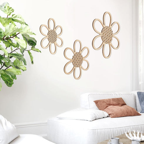Maitys Set 3, Boho Wall Decor of Wood & Rattan Daisy Flower Wall Hanging Art, Boho Nursery Decor for Bedroom Living