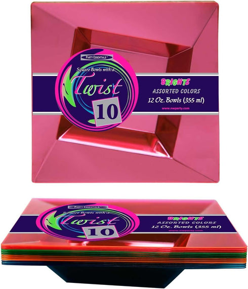 Party Essentials 10 Count Assorted Neon Hard Plastic Square Twist Salad/Snack Bowls, 12-Ounce