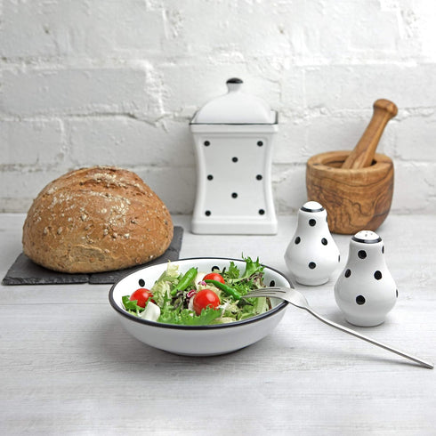 City to Cottage Ceramic Salt and Pepper Shakers Set, Handcrafted White and Black Polka Dot Spice Shakers, Farmhouse