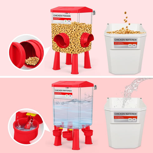 Set, 2 Gallon/18 Chicken Feeder and Waterer Chicken Coop Accessories with Hanging Chicken Feeder and Hanging Chicken
