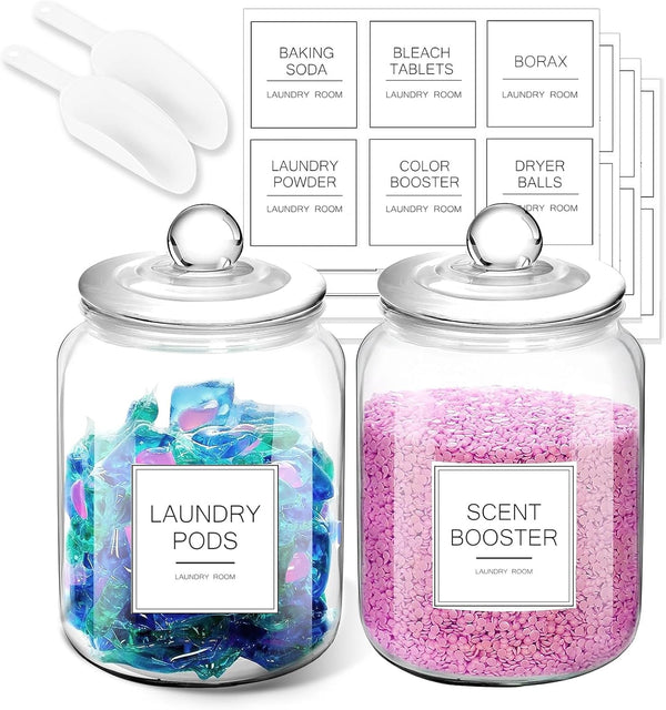 Laundry Pods Glass Jars - Set of 2 Half Gallon Airtight Containers with Scoop and Labels for Laundry Room Storage