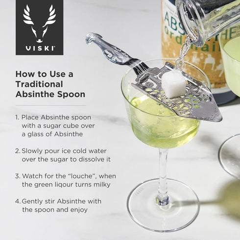 Viski Vintage Style Absinthe Dripper Spoon, Dishwasher Safe Stainless Steel Set of 1, Silver