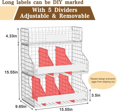 Countertop 5 3 keomaisyto Egg Holder with Dividers & DIY Nameplate to Separate Eggs, Tier Stackable Wire Storage