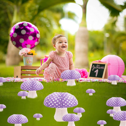 3Pcs Purple Large Mushroom Shaped Paper Lanterns for Forest Jungle Wonderland Themed Birthday Party Decor