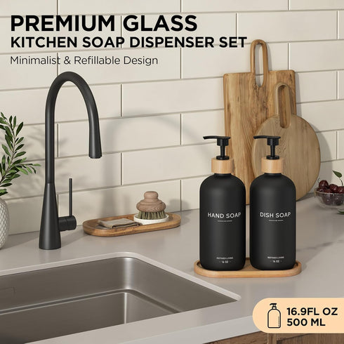 Set,16oz Pump,Countertop Hand and Dish Soap Dispenser Glass Bottles with Printed Labels, Bamboo Tray & Soap Dispensers