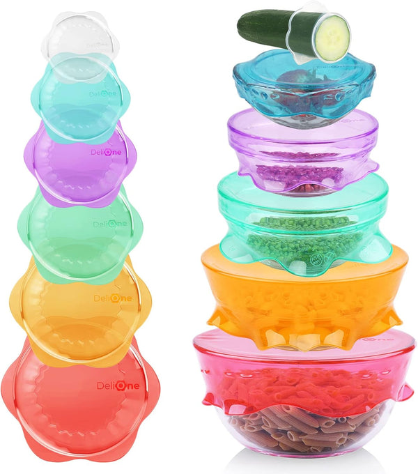 DeliOne Silicone Stretch Lids for Kitchen Food Storage, Durable Reusable Expandable Bowl Covers, 6-Pack