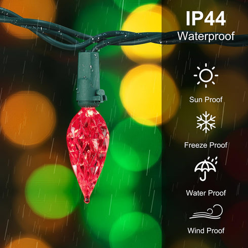 C6 50 25ft BOHON Red White and Green Christmas Lights Outdoor Faceted LED Plug in Fairy Twinkle Warm String Lights