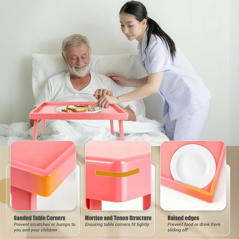 Bamboo Bed Table Tray with Support Bar and Foldable Legs, Breakfast Food Trays Table for Bed Sofa Eating and Laptops