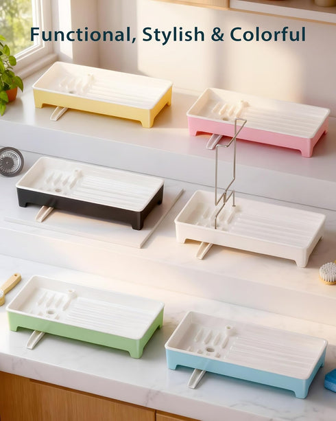 Caumic 304 Countertop Plastic Sink Caddy, Rustproof Sponge Holder for Kitchen Sink with Stainless-Steel Brush Holder