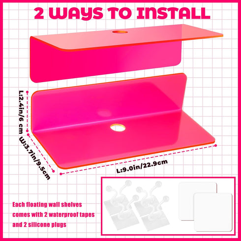 9 Inch Pink,4 Weysat Floating Shelves for Wall Acrylic Small Wall Hanging Shelves Adhesive Screwless Display Holder