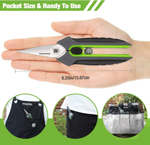 WORKPRO Pruning Shears, 6.25'' Stainless Steel Hand Scissors with Sheath for Precision Pruning