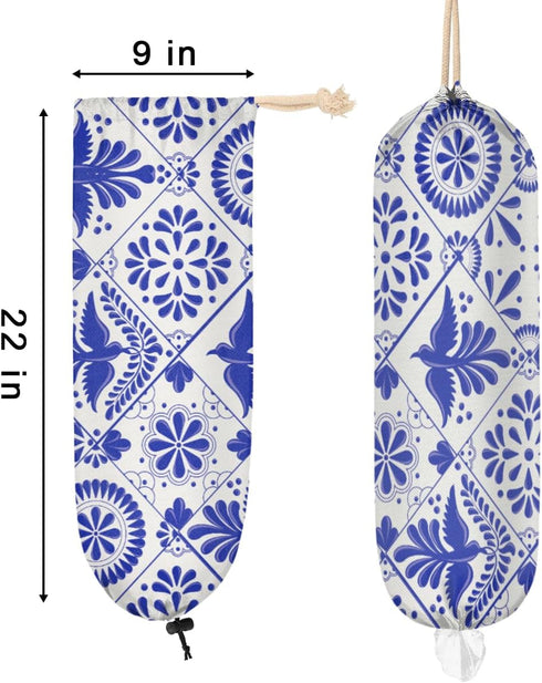 Mexican Talavera Bird Mandala Boho Plastic Bag Holder, Wall Mount Grocery Bag Dispenser for Home Decor