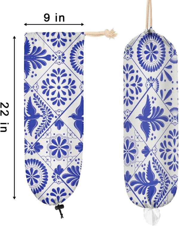Mexican Talavera Bird Mandala Boho Plastic Bag Holder, Wall Mount Grocery Bag Dispenser for Home Decor
