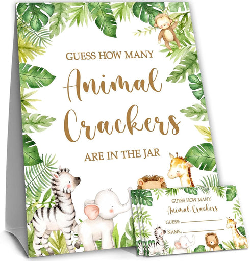 Safari Jungle Guessing Game Cards, Guess How Many Animal Crackers, 50 Cards and Matching Sign for Baby Shower Game