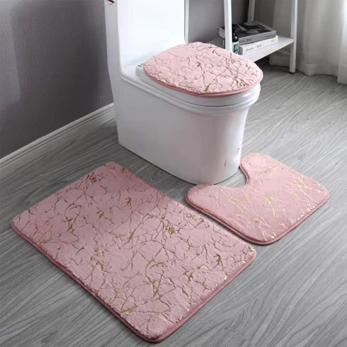 Marble Bathroom Rugs and Mats Set - 3 Piece Nonslip Pink Washable Bath Mat for Water Absorbent Shower Rug