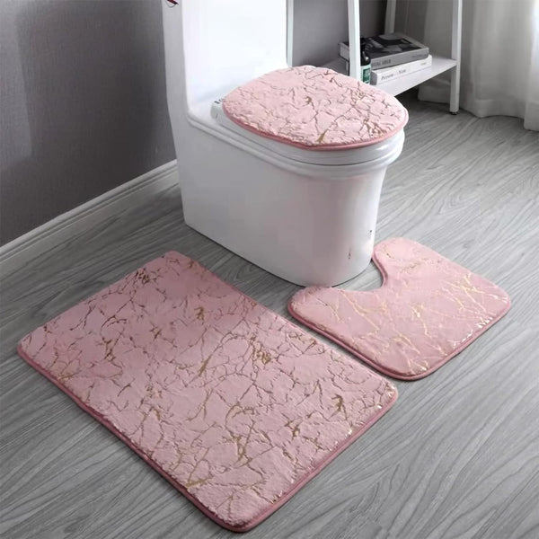Marble Bathroom Rugs and Mats Set - 3 Piece Nonslip Pink Washable Bath Mat for Water Absorbent Shower Rug