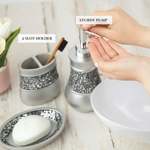 Crackled Glass Silver Hand Soap Dispenser - Decorative Countertop Lotion Dispenser for Bathroom