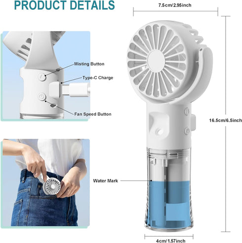 Handheld Fan Misting Hand Held Fan Rechargeable Battery Operated Portable 4 Speeds & 55ml Spray & 360° Foldable USB Personal Water Fan for Travel Camping Outdoor(White) by Frelisiy