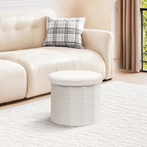 15"x15"x13.2" PINPLUS Round Storage Ottoman Cube Footrest - Versatile Boucle & Faux Teddy Fur Stool with Hidden