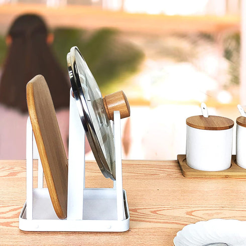 VANRA Cutting Board Organizer, Metal Steel Pot Lid Holder Stand for Kitchen Countertop, 2 Slots, White