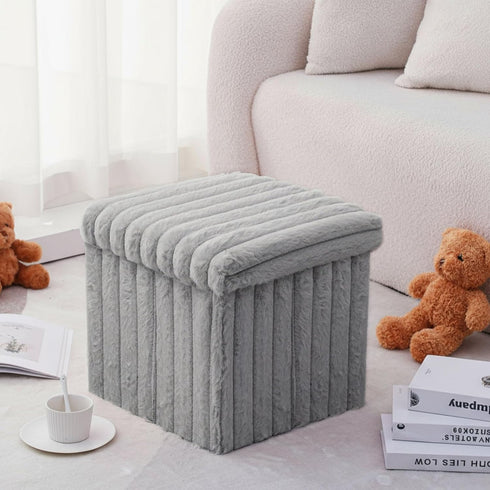 15x15x13 Inch, 265lbs Wenqik Grey Storage Ottoman Cube, Fluffy and Furry Grey Square Foot Rest Stool, Foldable Storage