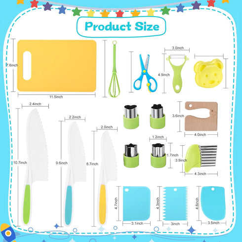 FGASIDYO 16PCS Set 3 Montessori Kitchen Tools Cookware Baking Toy, Toddler Baking for Real Cooking includes Serrated