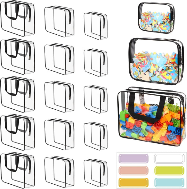 MBJZSL 18 Packs Toy Storage Bags with Labels, Clear PVC Puzzle Storage Bags,