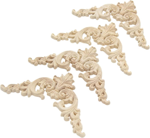Wood Carved Applique, 4 Pack Decorative Wood Trim, 3.15x3.15inch Unpainted Appliques for Furniture Decor Decal