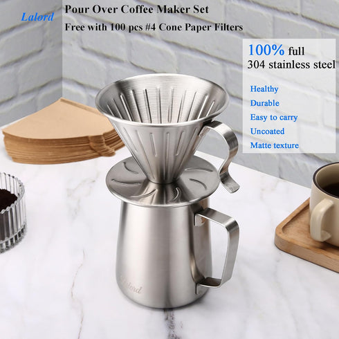 304 100 600ml Lalord Pour Over Coffee Maker, Stainless Steel wIth pcs Paper Filters & Milk Frothing Pitcher, for Home