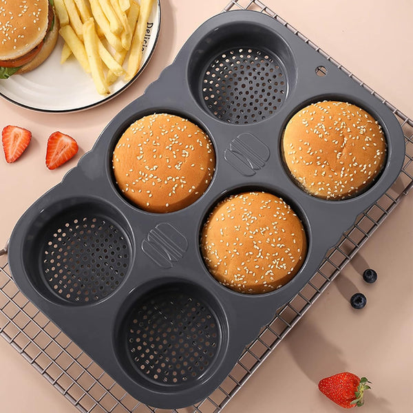 Silicone Hamburger Bun Mold, 6 Cavity Loaf Pan, Non Stick Baking Tool for Easy Release Household Baking
