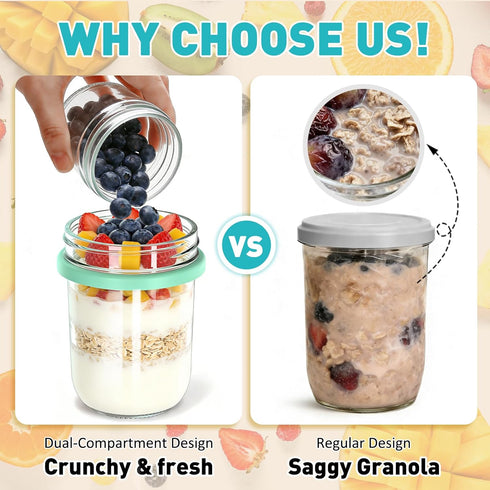 4 Pack 20 oz (16+4) Overnight Oats Containers with Lids and Spoons, Overnight Oats Jars, Glass Mason Jars with Dry