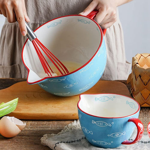 Blue Fish Pattern Kitchen Ceramic Mixing Bowl, 0.5 Quart, with Pouring Spout and Handle