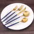Bysta Matte Gold Silverware Set with Blue Handle, 5-Piece Stainless Steel Flatware Set for 1, Kitchen Utensil Set,