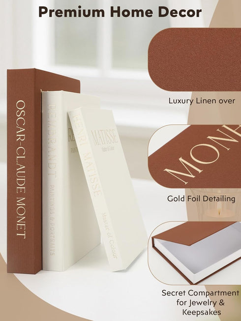 3 Pack Set, Decorative Book Faux Linen Storage Boxes - Aesthetic Fake Books for Coffee Table & Bookshelf Decor, Hidden