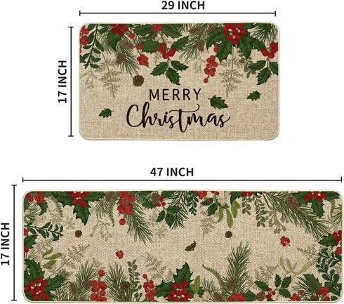 Artoid Mode Leaves Holly Merry Christmas Kitchen Mats - Set of 2 Low-Profile Winter Decor Rugs for Floor