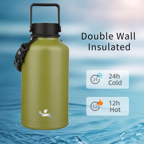 Half Gallon Insulated Water Bottle with Straw, 64 oz Water Jug with 3 Lids and Carrying Bag, Forest Green
