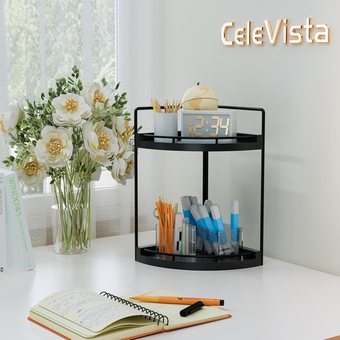 Counter 2 (Black-2 Corner Bathroom Organizer, Tier Wood Vanity Storage, Waterproof Skincare Shelf for Kitchen