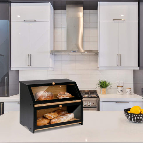 Counter, HOMEKOKO Double Layer Large Bread Box for Kitchen Wooden Large Capacity Bread Storage Bin (Black)