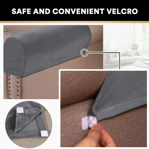 PrinceDeco 4 Pack Thick Velvet Stretch Armrest Covers for Chairs, Sofas & Armchairs - Non Slip, Grey
