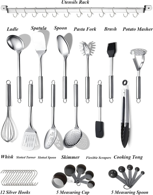 Berglander 38 Pieces Kitchen Utensils Set, Stainless Steel Cooking Utensils with Holder Rack and Hooks for Hanging,